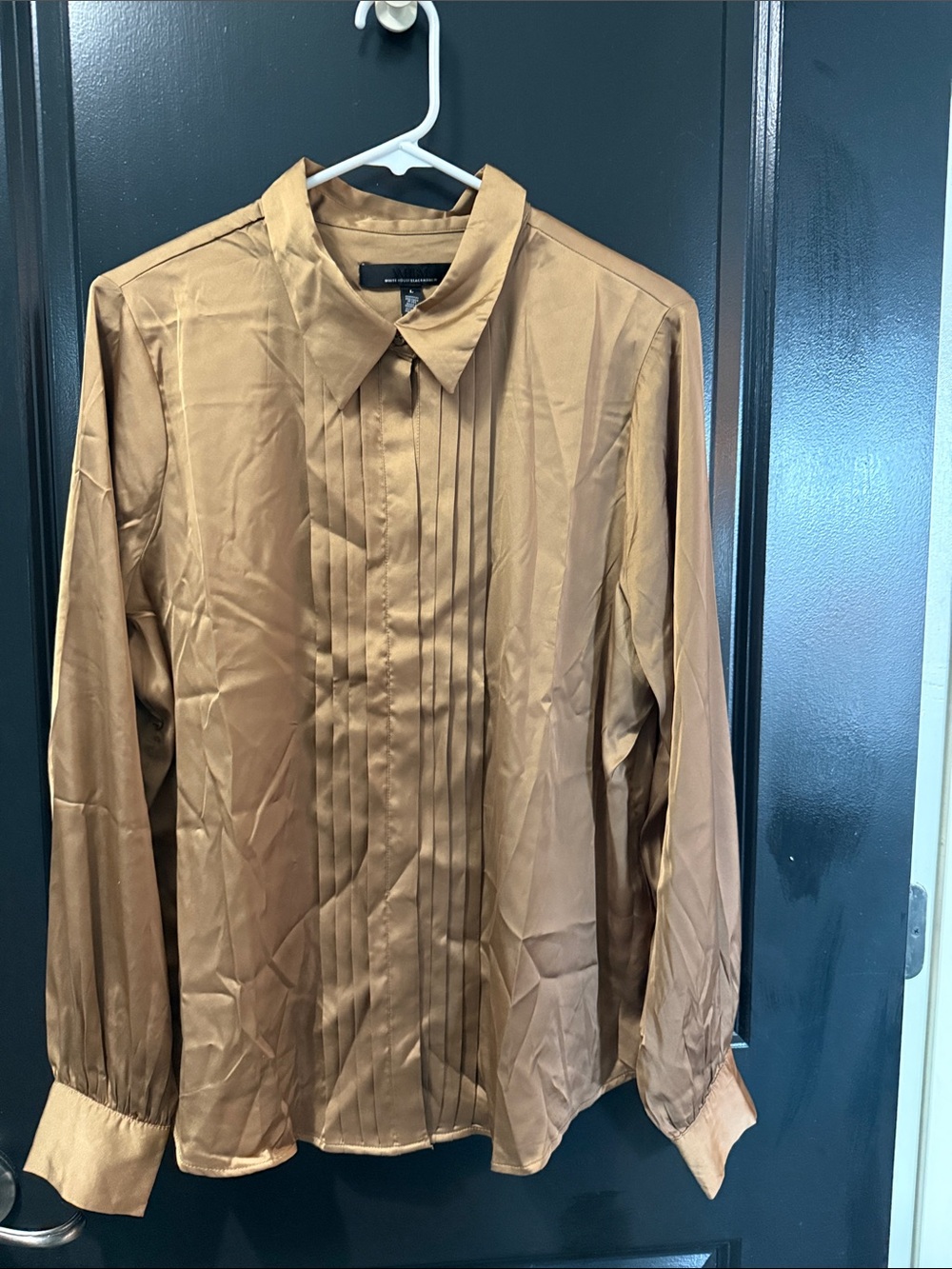WHBM Satin Pleated Button-Up Blouse in Camel